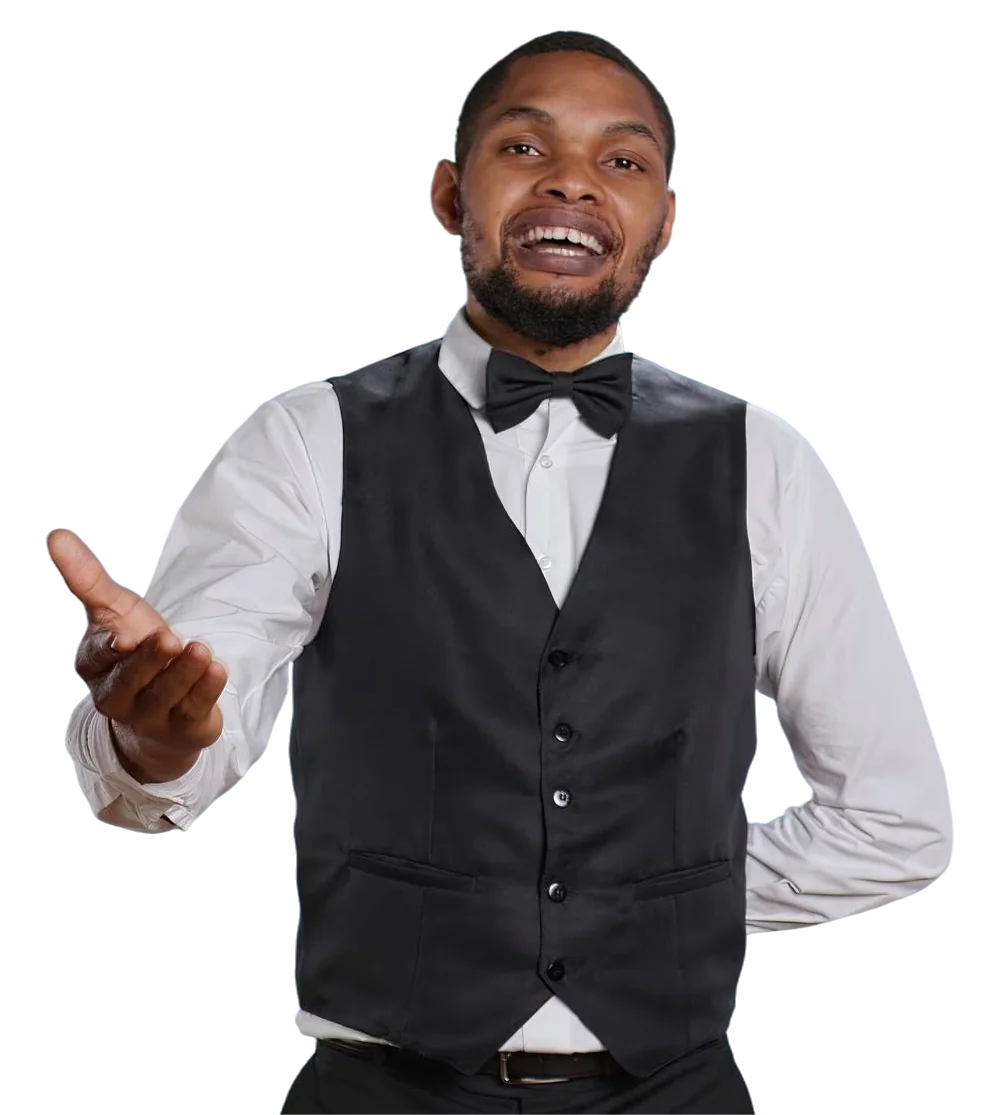 Smiling waiter gesturing